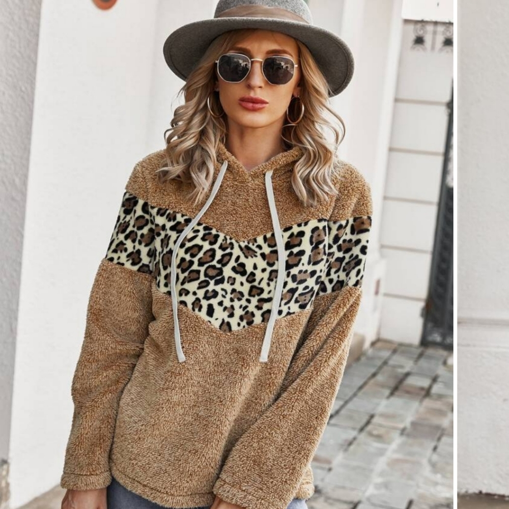 1 LEFT! MEDIUM Mocha Brown Leopard Teddy Hoodie - Picture 3 of 7